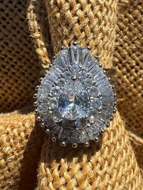Pear-Cut Halo Cocktail Ring in Silver with Clear Stones Size 6